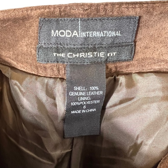 MODA INTERNATIONAL Christie Fit Brown Genuine Leather Suede Flare Pants Size 6 - Picture 6 of 8